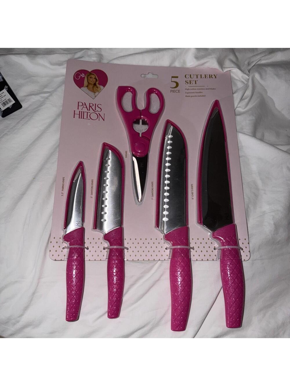 Paris Hilton 5pc Knife Set w/ Blade Covers, Stainless Steel & Shears tropic pink